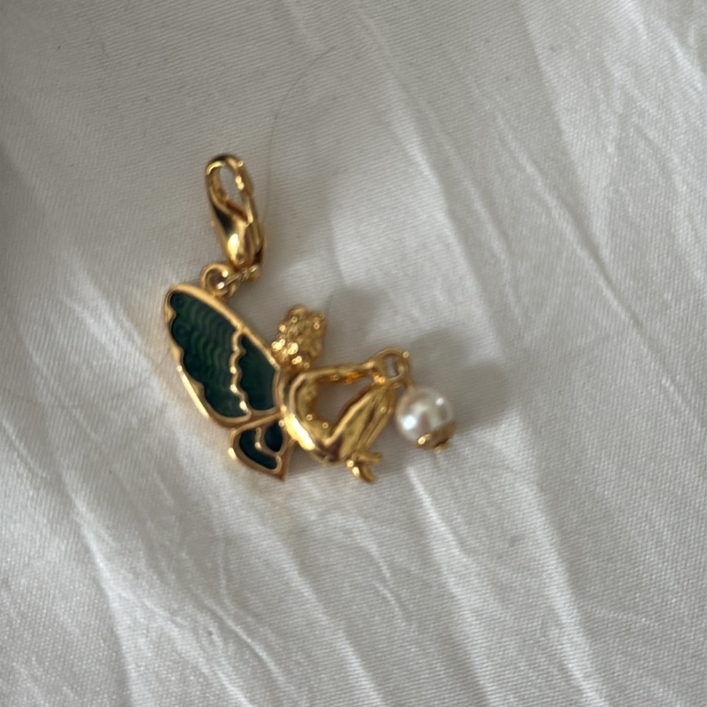 Fairy Butterfly Gold and Green Charm with Pearl Accent